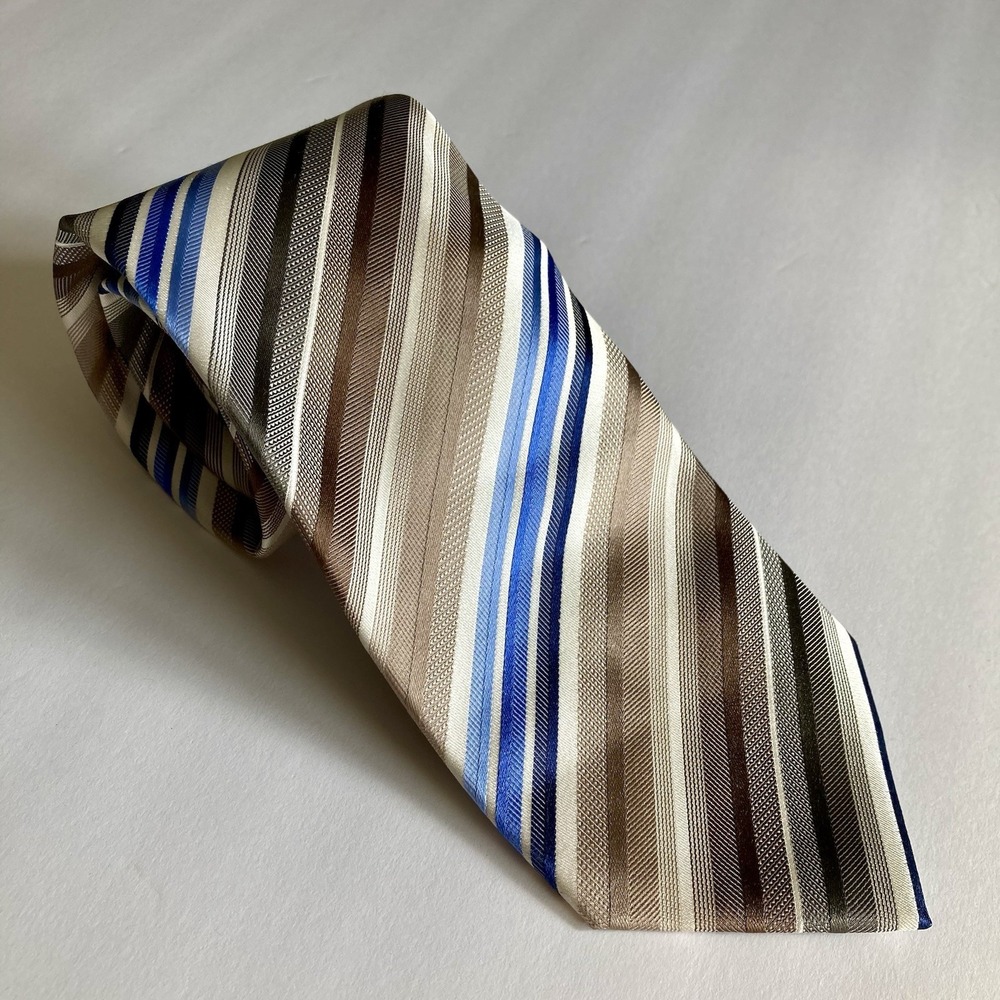 NEW Kenneth Cole Reaction 100% Silk  Neck Tie Malibu Stripe Tan Blue MSRP $49.50